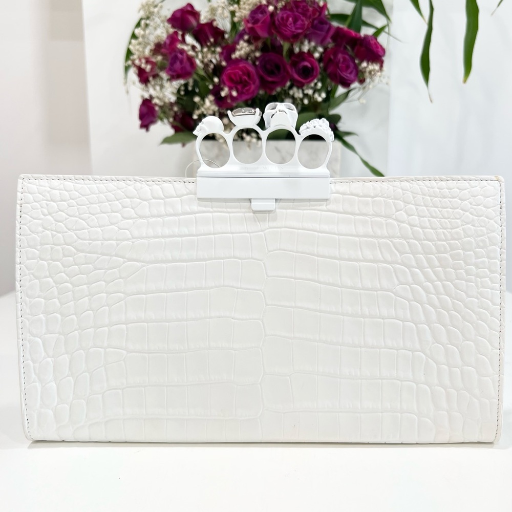 Alexander McQueen Skull Four-Ring Croc-Embossed Clutch Bag